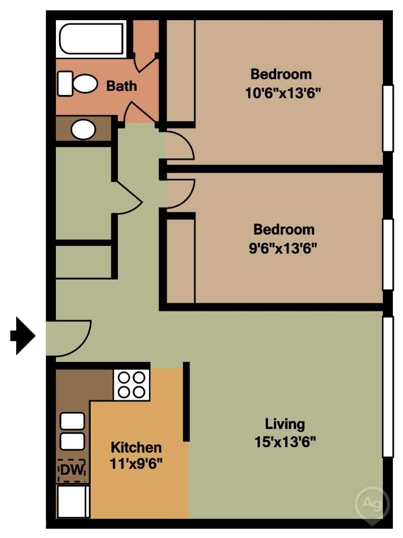 Floor plan for 2 beds, 1 bath, 900 sqft